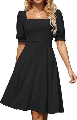 C4D Women Fit and Flare Black Midi/Calf Length Dress