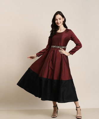 Shae by SASSAFRAS Women Fit and Flare Maroon Maxi/Full Length Dress