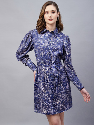 Marie Claire Women Fit and Flare Dark Blue, Beige Above Knee/Mid Thigh Length Dress