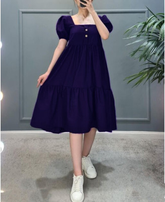 HouseOfCommon Women Fit and Flare Dark Blue Knee Length Dress
