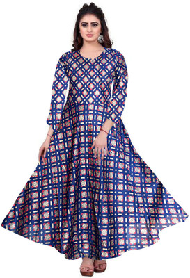 zalya Women Fit and Flare Dark Blue, Gold, Maroon Ankle Length Dress