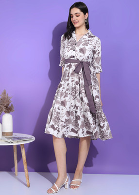 DSK STUDIO Women Fit and Flare Beige, Brown Knee Length Dress