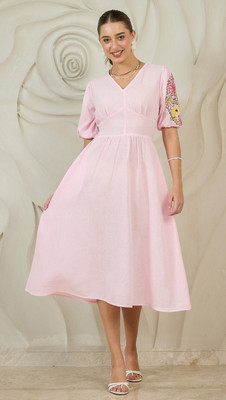 Boho By Athena Women Fit and Flare Pink Midi/Calf Length Dress