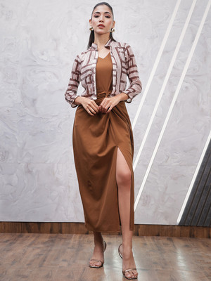 ATHENA Women A-line Brown, Beige Maxi/Full Length Dress