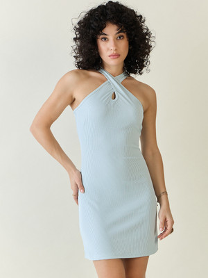 AAYU Women Bodycon Light Blue Above Knee/Mid Thigh Length Dress