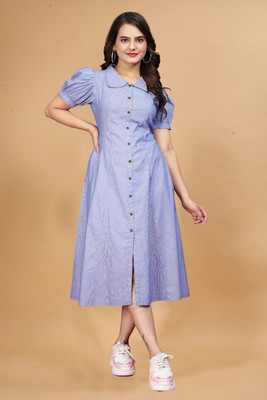 HouseOfCommon Women A-line Blue Midi/Calf Length Dress