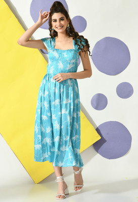 CELESTINA Women Fit and Flare Light Blue Ankle Length Dress