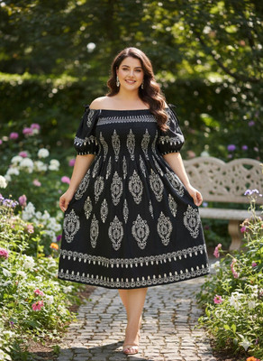 JAI BAJRANG BALI FABRIC Women A-line Black Midi/Calf Length Dress