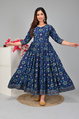 Gulabi Jaipur Women Fit and Flare Blue Ankle Length Dress