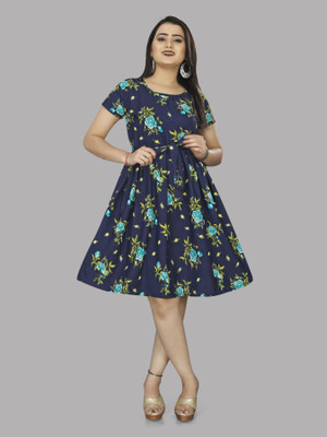 HOUSE OFF COMMON Women A-line Dark Blue Knee Length Dress