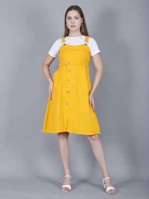 Codaisy Women Pinafore Yellow Knee Length Dress