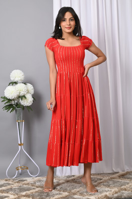 VYMO Women Fit and Flare Red Midi/Calf Length Dress