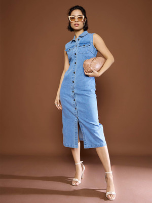 SASSAFRAS Women Fit and Flare Blue Below Knee Dress