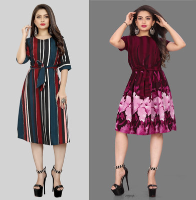 Hiral Creation Women Fit and Flare Green Knee Length Dress