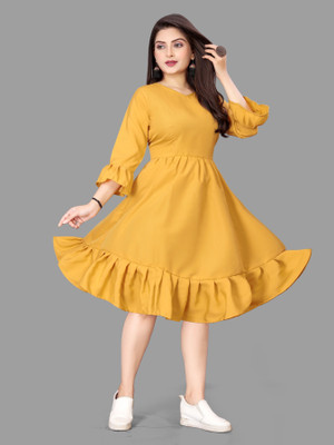 VARUDI Women A-line Yellow Knee Length Dress