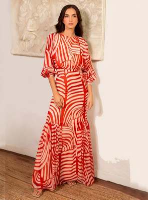 KOTTY Women A-line Orange, White Maxi/Full Length Dress