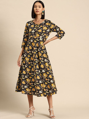 all about you Women A-line Black Midi/Calf Length Dress
