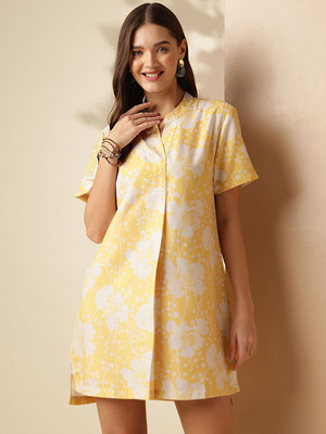 ANOUK Women A-line Yellow, White Above Knee/Mid Thigh Length Dress