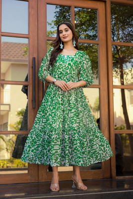 Shreeji Boutique Women A-line Green Midi/Calf Length Dress