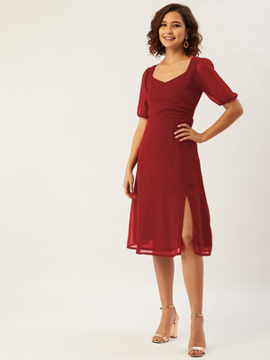 ANVI Be Yourself Women A-line Maroon Midi/Calf Length Dress