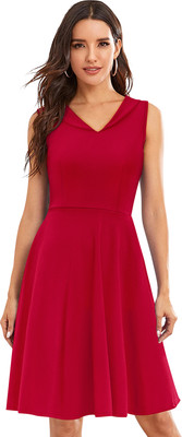 TESSAVEGAS Women A-line Red Knee Length Dress
