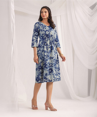 Janasya Women Gathered Dark Blue, Beige Midi/Calf Length Dress