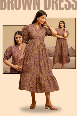 NG CREATION Women Fit and Flare Brown Midi/Calf Length Dress
