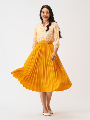 AASK Women Pleated Yellow Midi/Calf Length Dress