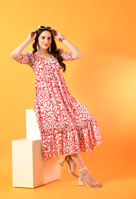 METRONAUT Women Fit and Flare Red, White Midi/Calf Length Dress