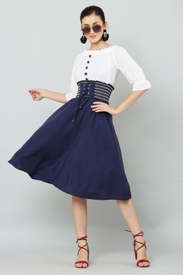 bright nex Women Fit and Flare White, Blue Knee Length Dress