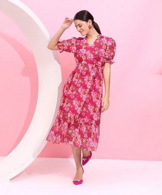 Fbella Women Fit and Flare Red Midi/Calf Length Dress