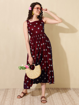 GLAMALUE Women A-line Maroon Maxi/Full Length Dress