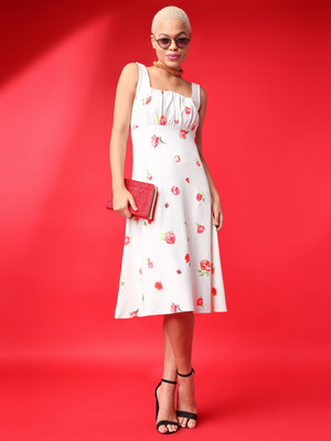 PURVAJA Women Fit and Flare White Below Knee Dress