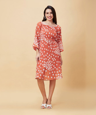 Globus Women Fit and Flare Orange, White Knee Length Dress