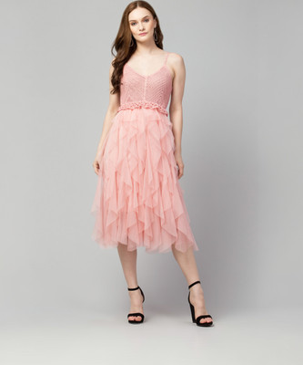 urban streetwear Women Fit and Flare Pink Midi/Calf Length Dress