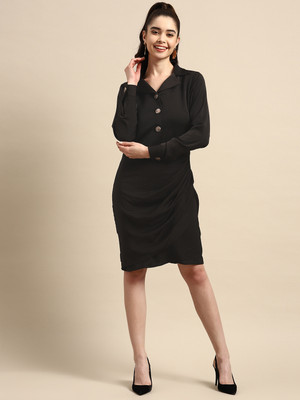 WoowZerZ Women Fit and Flare Black Above Knee/Mid Thigh Length Dress