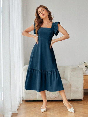 MKFASHION Women A-line Dark Blue Below Knee Dress