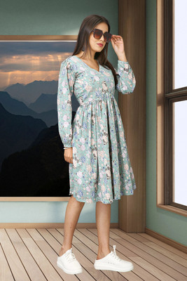 HOC's Women A-line Light Green Below Knee Dress