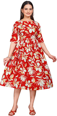 Gurudev Fashiion Women Fit and Flare White, Red Knee Length Dress