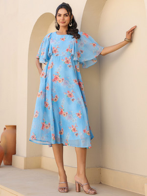 Janasya Women A-line Blue Below Knee Dress