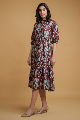 Dressberry Women Fit and Flare Maroon, Blue Below Knee Dress