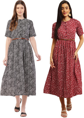Miranga Women Fit and Flare Maroon, Black Midi/Calf Length Dress