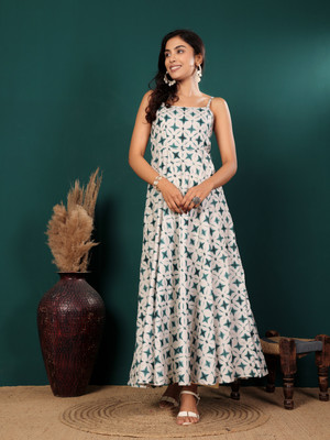 Varanga Women Fit and Flare Green, White Ankle Length Dress