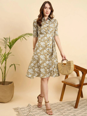 Dwarros Women Fit and Flare Blue Knee Length Dress
