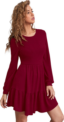 Divine India Women Gathered Maroon Knee Length Dress