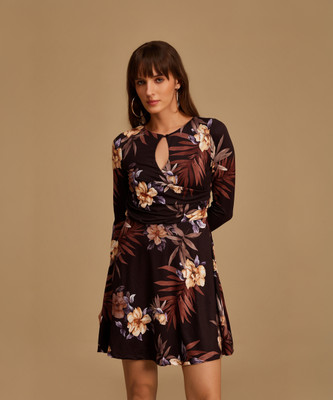 KAZO Women Fit and Flare Brown Above Knee/Mid Thigh Length Dress