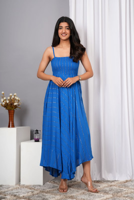 VYMO Women Fit and Flare Blue Ankle Length Dress