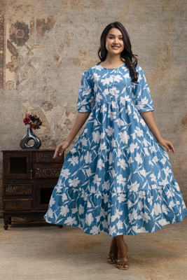 phoolkesa Women A-line Blue Midi/Calf Length Dress
