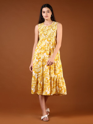 V-MART Women A-line Yellow Below Knee Dress