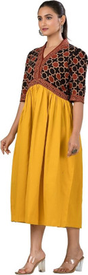 Crazy Needle Women A-line Yellow Midi/Calf Length Dress